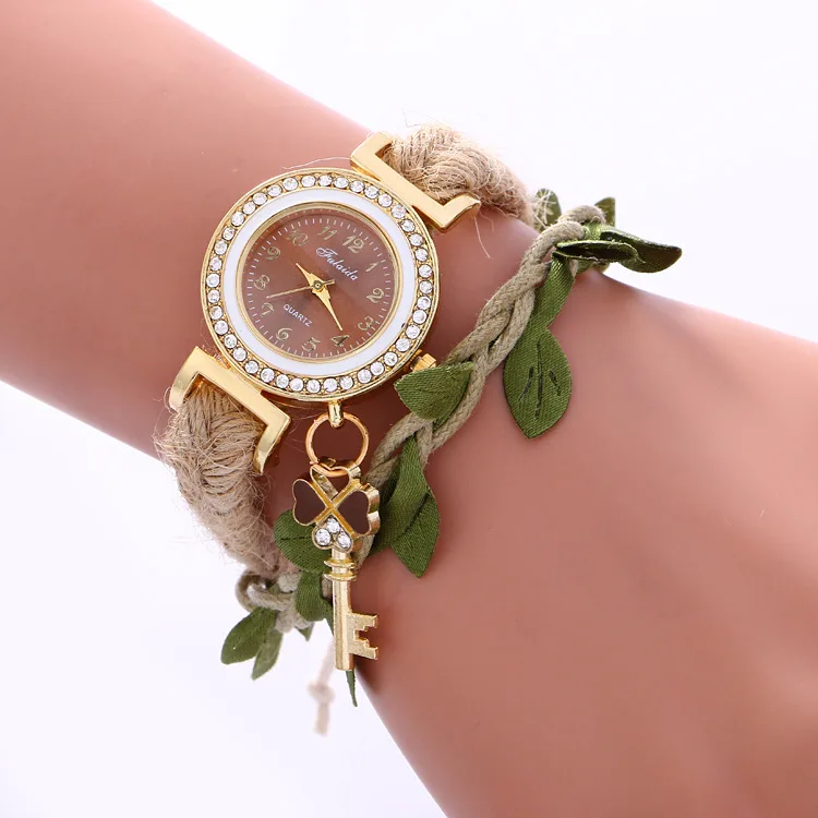 MINHIN Bohemia, женские креативные часы, листья, дизайн, плетеный браслет, часы, брелок, подвеска, стразы, повседневные часы для женщин - Цвет: 3784 brown