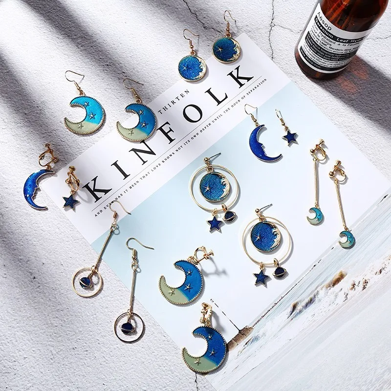 

2018 New Romantic Blue Sky Cosmic Star Earrings For Women Personality Stars Moon Long Drop Earrings Ear Clips Girl's Jewelry