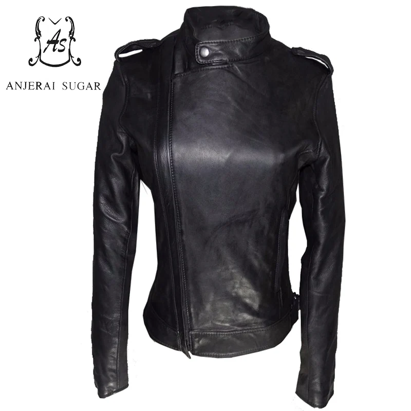 

Black sheepskin genuine leather jacket women short motorcycle leather clothing spring female Japan oblique zipper design Jacket