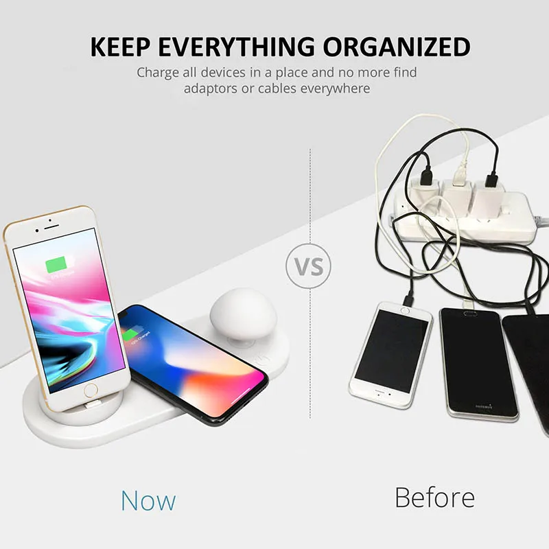  Multifunction Wireless Charger USB Port Charger with Night Light for iPhone Android HJ55