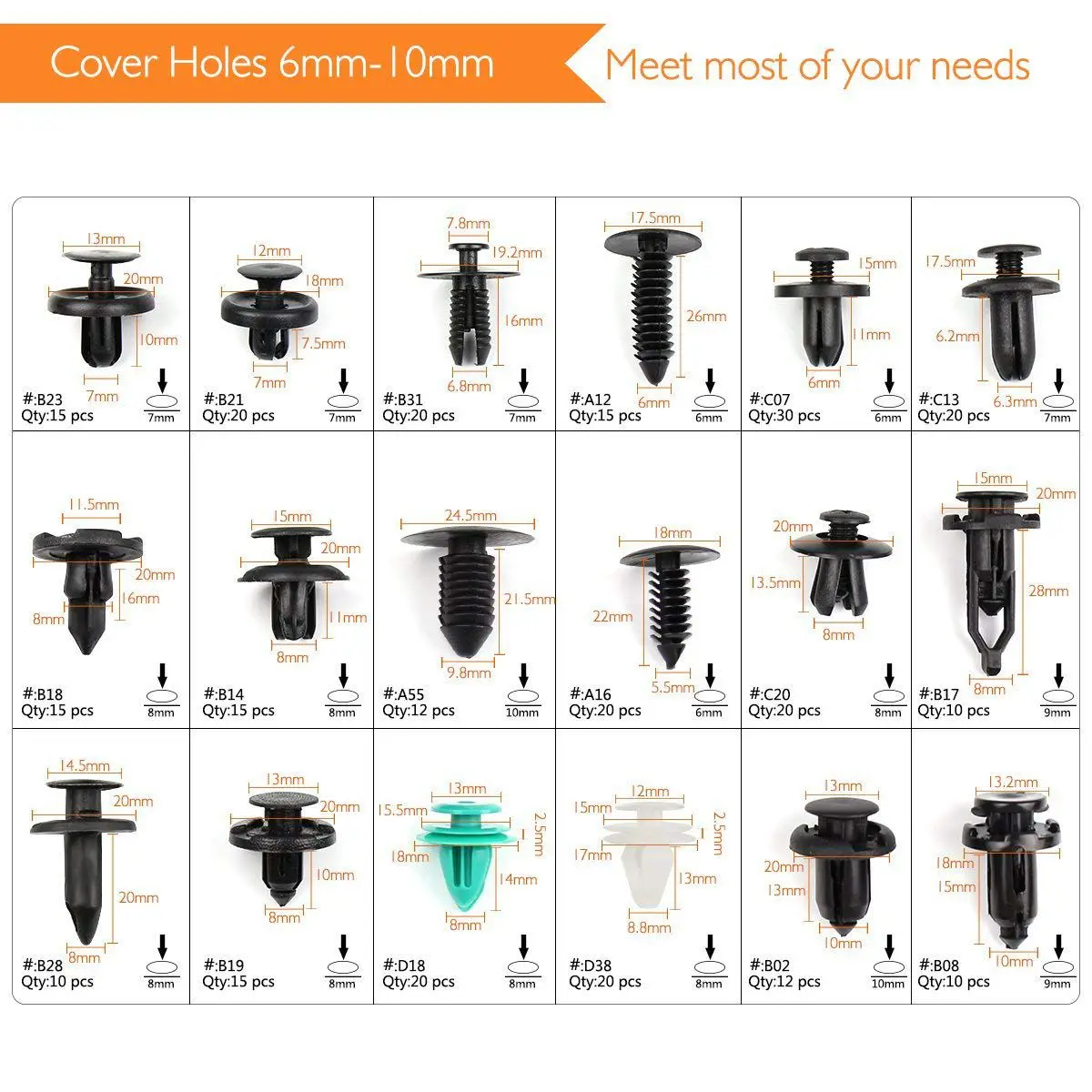 Push Bumper Fastener Rivet Clips with 18 Most Popular Sizes Auto Push