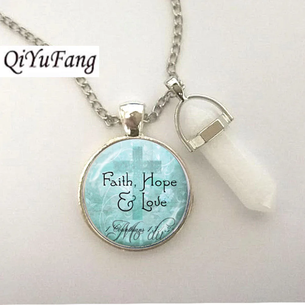 QiYuFang Christian Necklace Crystlal Bible Love Hope Faith Quote