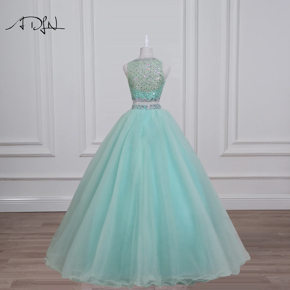 Quinceanera Dresses Mint Green Real Photo Gorgeous Beaded Sequin Crystal Two Piece Prom Sweet 16 Debutante ADLN