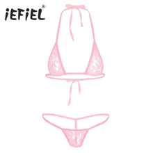 Женское нижнее белье, набор кружевных прозрачных полупрозрачных мини-бикини с вырезом на шее, топ с Т-образным ремешком, трусики, нижнее белье