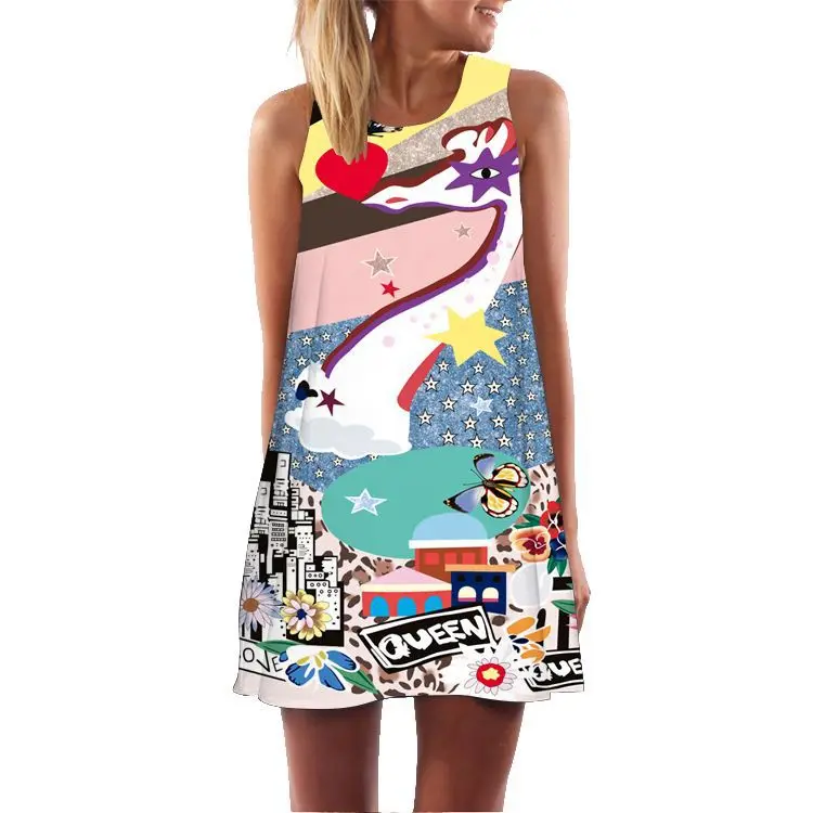 Мини Короткое платье шифоновое женское летнее повседневное богемное пляжное платье с единорогом сексуальное свободное женское платье без рукавов с круглым вырезом Verano - Цвет: LYQ-382