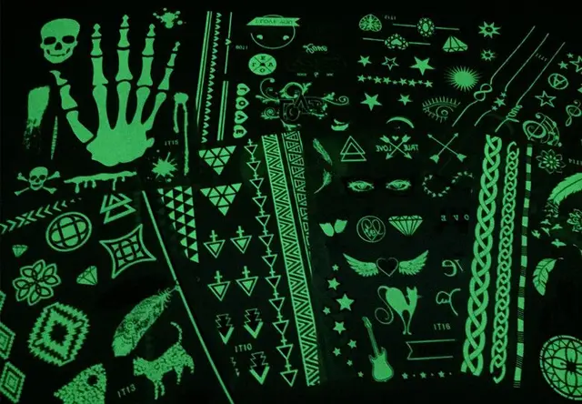 2018 nouveau 1 pièce autocollant de tatouage lumineux brillant dans le noir, squelette, métal doré, tatouage étanche fluorescent noctilucent nuit 3