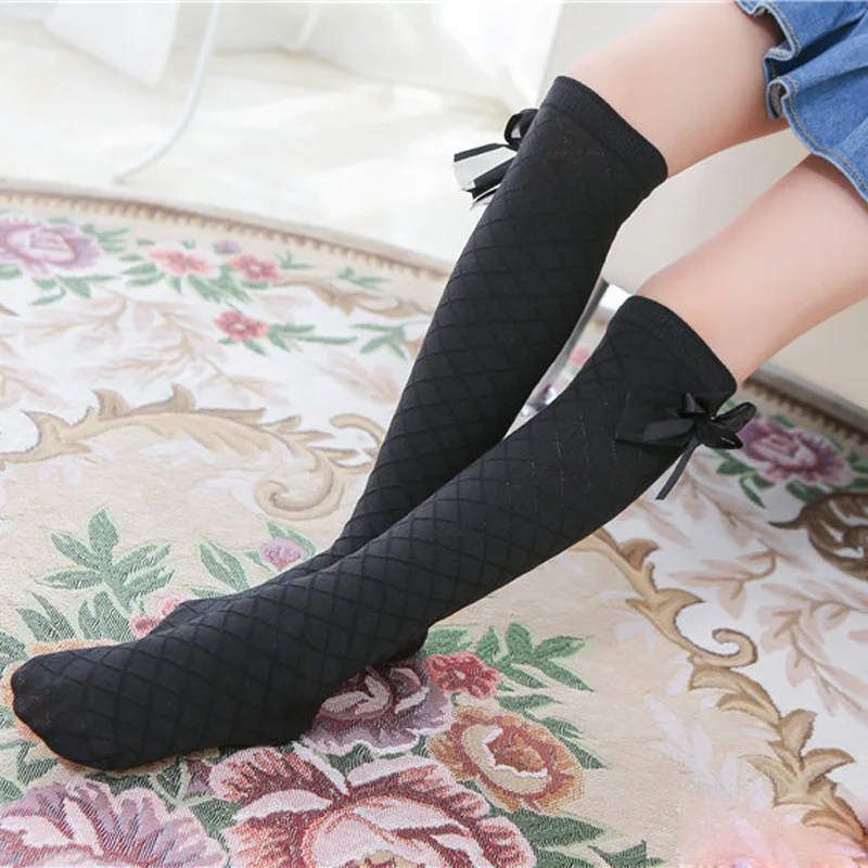 Girls Knee High Bowknot Plaid Elastic Long Tall Socks for Children Kids Causal Solid Bow Fashion 3-12 Years cotton socks,children socks,cotton knee socks