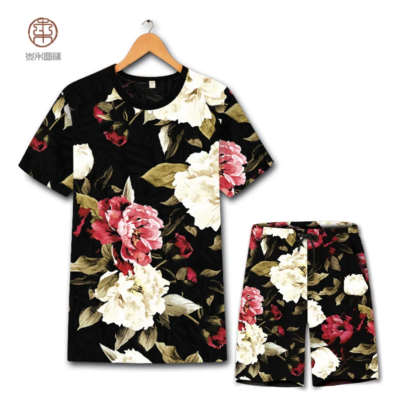 Изысканная футболка в китайском стиле с цветочным принтом и шорты, летний костюм 2018, новые качественные мягкие удобные мужские короткие