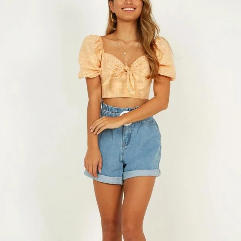 

Summer women's shirt casual plaid bow decorated short shirt