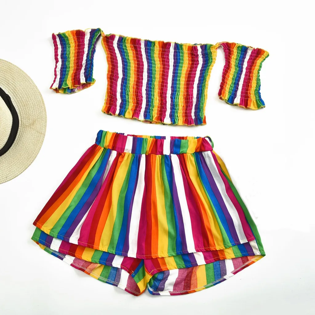 

Two Piece Set Women Solid 2 Piece Crop Tops And Shorts Beach Bohemia Sets Sexy Women Striped Two Pieces Crop Top Sets # 528