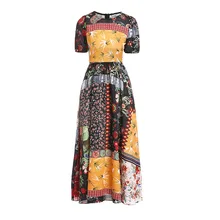 Hot Sale Patchwork Print Women Long Dress Elegant O-Neck Short Sleeve Pleated Dresses E5416 elegant scoop neck abstract print short sleeve dress for women
