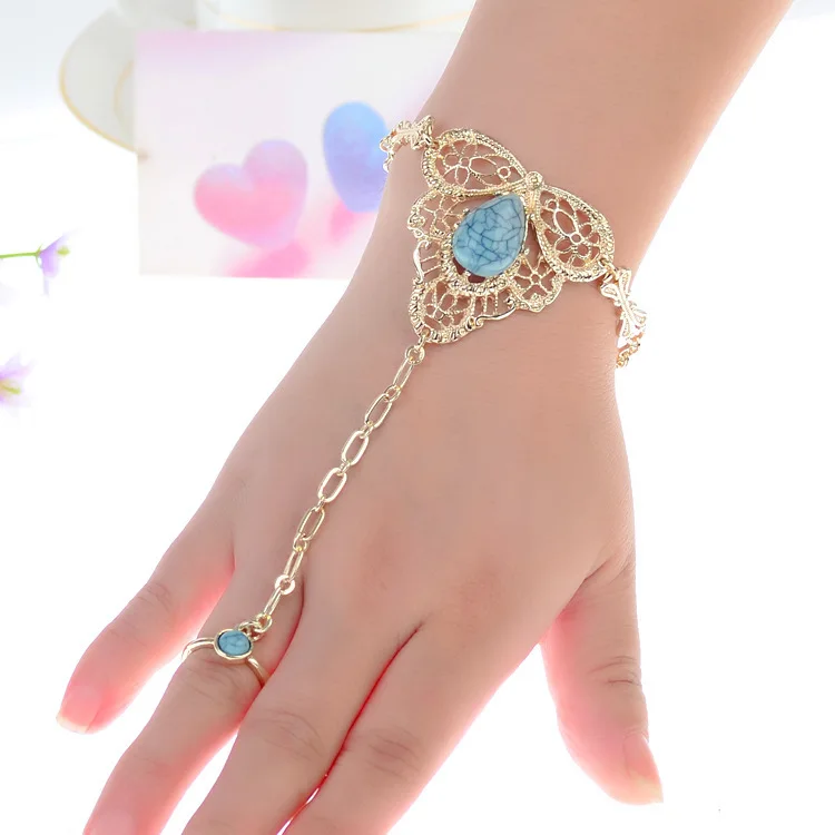 Fashion Jewelry Gold Ring Attached To Bracelet For Women Plated Fashion Jewelry Gold Ring Attached To Bracelet For Women Plated Conjoined Inlay Turquoise In Charm Bracelets From Accessories