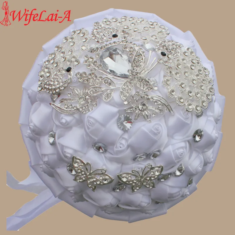 

WifeLai-A 1PC Ivory Rose Stitch Wedding Bouquets Mariage Peacock Full Diamond Pearl Flowers buque de noiva Wedding Bouquets W290