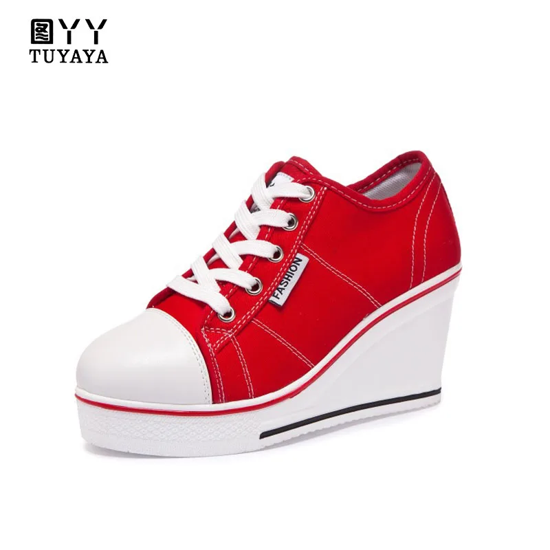 

2019 New Solid Women Vulcanize Shoes 8cm Platform Shoes Women Breathable Lace Up Canvas Shoes Woman Wedge Sneakers