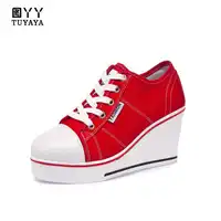 2019 New Solid Women Vulcanize Shoes 8cm Platform Shoes Women Breathable Lace Up Canvas Shoes Woman Wedge Sneakers