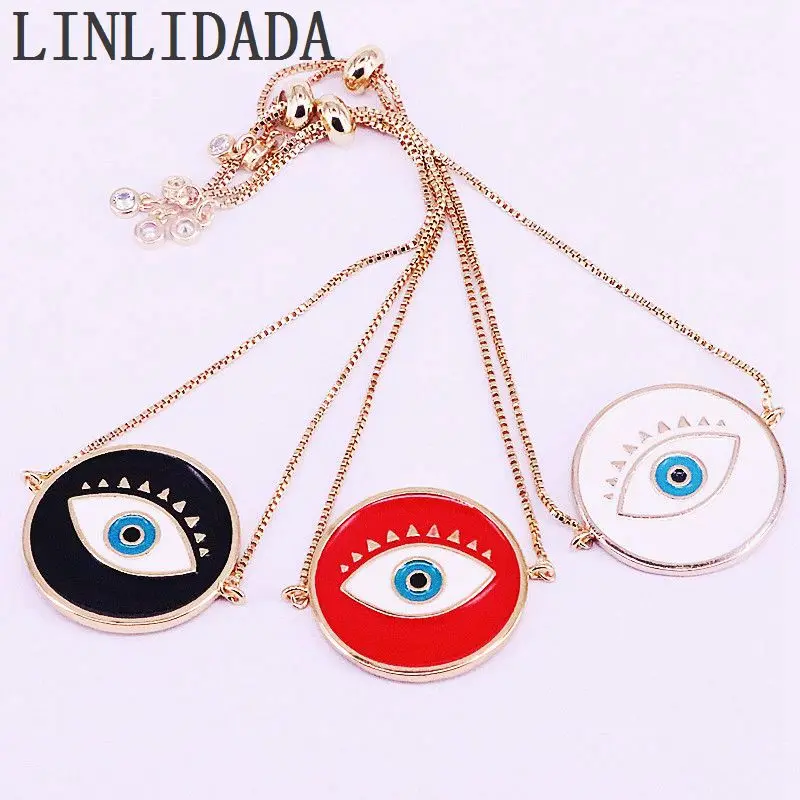 10 шт. белый/черный/красный круглая эмалированная дизайн глаз браслет для женщин Подвеска золотого цвета цепь регулируемые браслеты