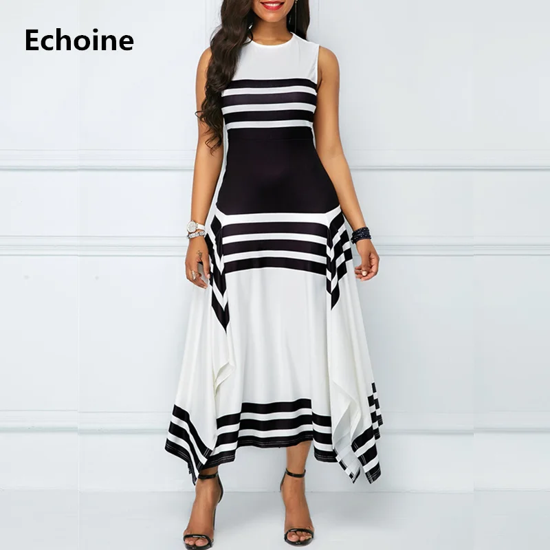 

Women Striped Maxi Dress Sleeveless Ruffle Elegant Dresses Vestidos Woman Office Work Dress Sexy Irregular Party Vestido Vintage