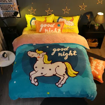 

Cartoon style Unicorn bedding set winter warm bed cover+bed sheet+pillowcase Fleece fabric comforter sets