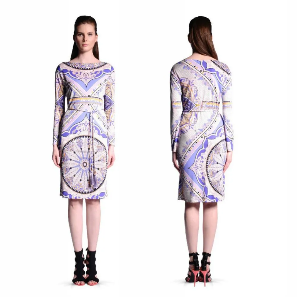 Итальянский модный Подиум круглый воротник пояс Лаванда печатных эластичное вязаное тонкое платье