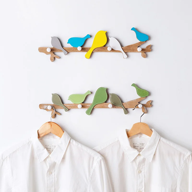 

Practical Colorful bird real wooden Wall hanging hook key organizer strong hat rack clothing bag Holder coat shelf