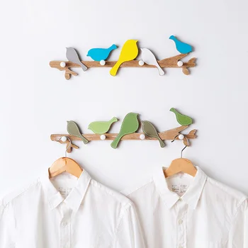 

Practical Colorful bird real wooden Wall hanging hook key organizer strong hat rack clothing bag Holder coat shelf