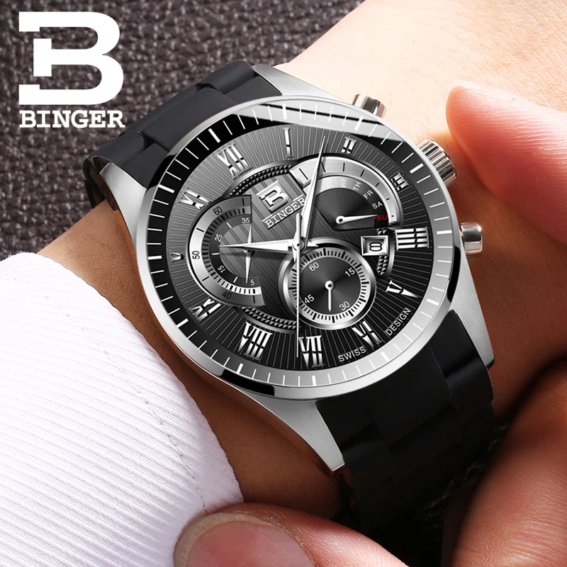 Часы Binger Топ Брендовые мужские часы с хронографом Спорт Водонепроницаемый часы человек часы военные Роскошные Для Мужчин's часы аналоговые кварцевые