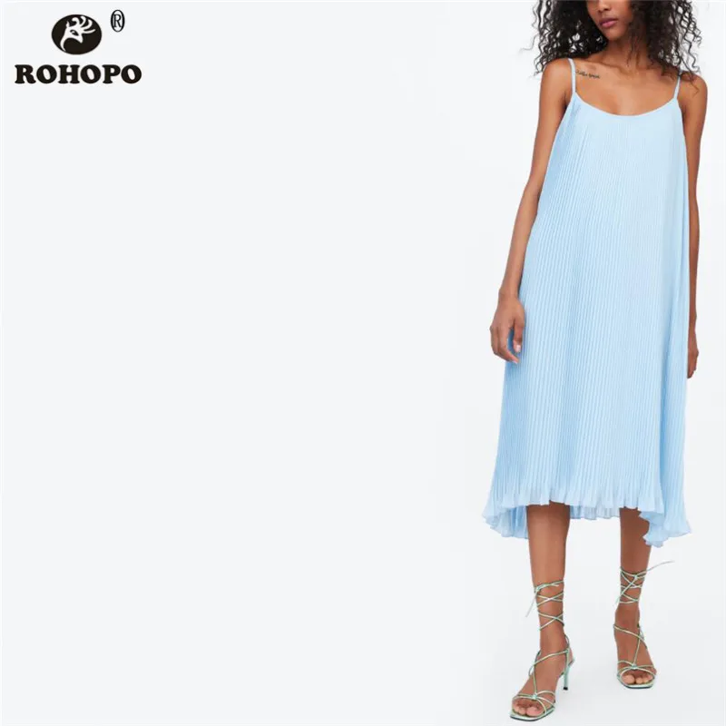 

ROHOPO Summer Women Spaghetti Strap Baggy Knee Lenth Dress Solid Pleated Flare Hem Ruffles Chiffon Holiday Girl Vestido #CW9236
