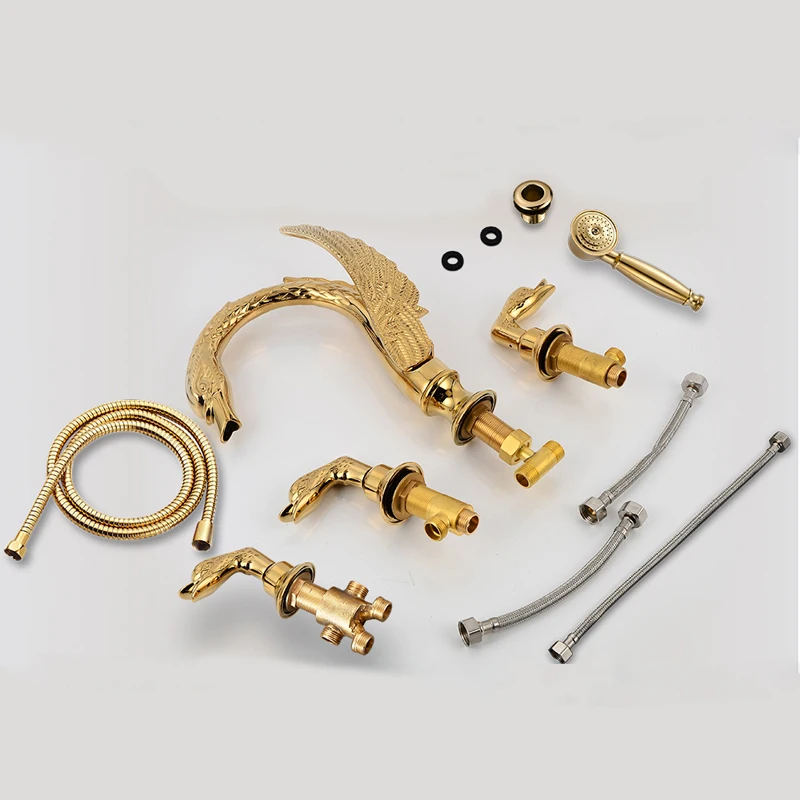 Golden Swan Bathtub Faucet Deck Mounted Bath Shower Set Brass Hand Shower Basin Mixer Tap Widespread Tub Sink Faucet 2