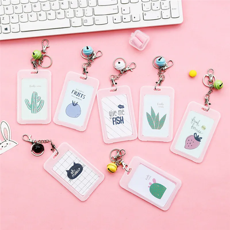 Women Cute Credit Card Holder Bag Cartoon Cute Cactus Student Card Cover Bag Bank Bus ID Bank Fruit Plant Cover Case Keychain