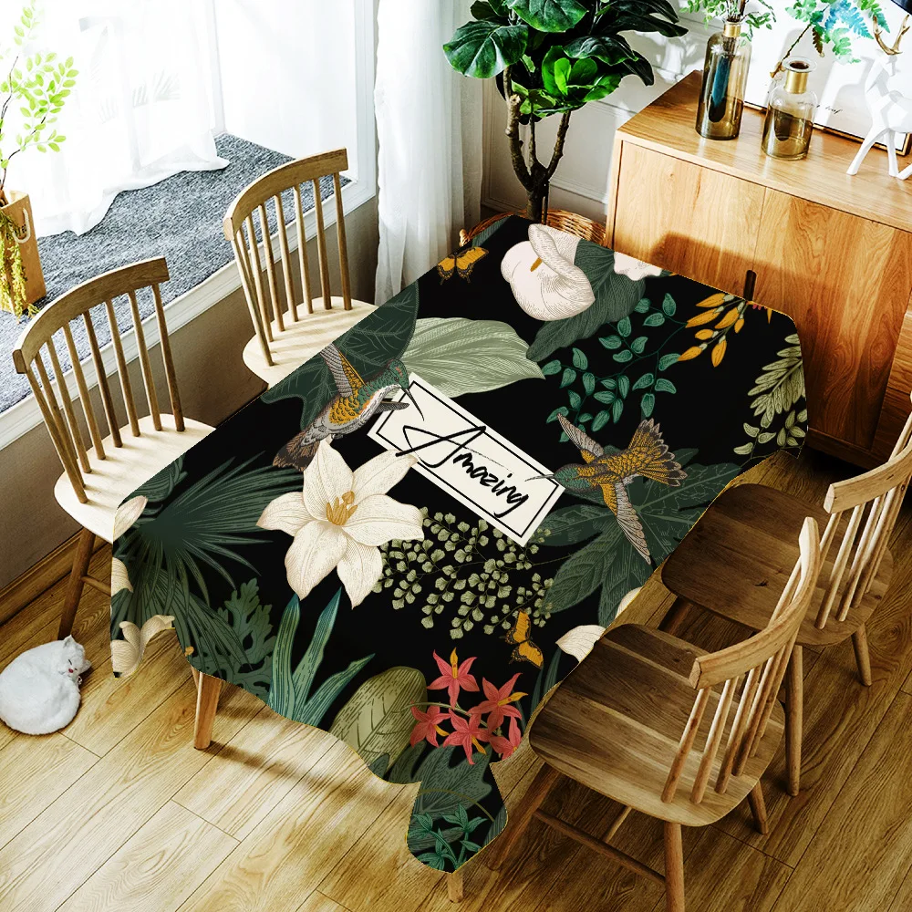 

Tropical Plants Printing Tablecloth Flower and Bird Pattern Polyester Waterproof Table Cloth for Wedding Party Table Cover