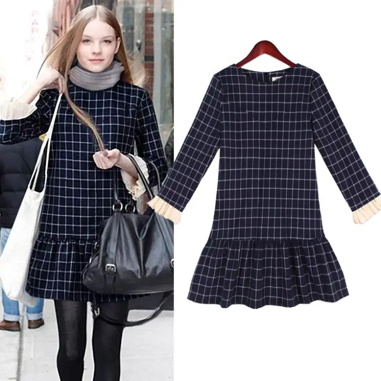 Buy 2014 Women Fashion Plaid Slim Long Sleeve Autumn One Piece Dress Navy Blue