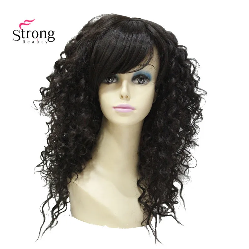 

Long Spiral Curls Dark Brown High Heat Full Synthetic Wigs with Bangs
