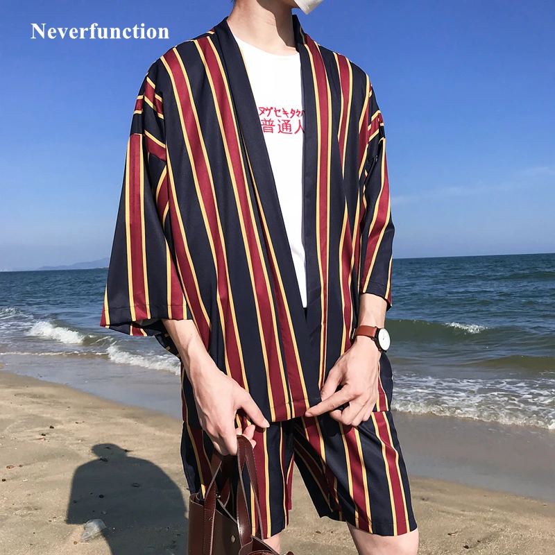 

Summer Men Beach Vacation Sun Protect Striped Open Stitch Jacket Men 2019 Thin Japanese style Kimono Loose Casual hip hop Coats