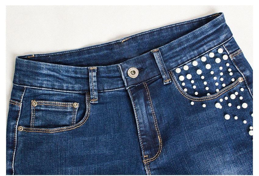 European station Europe and the United States new hole pearl cat toe cowboy high waist pants feet beaded straight jeans (18)