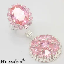 Свадебные подарки подлинный розовый кунцит Ювелирные наборы 925 пробы серебряный кулон кольцо Размер 8