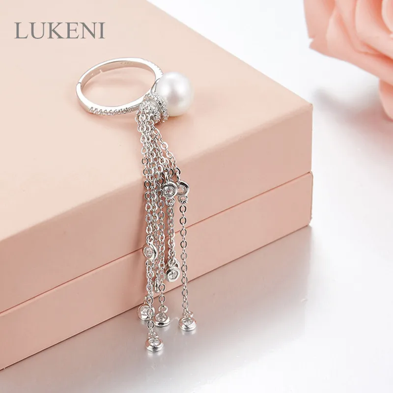 

LUKENI New Arrival Fashion Women 925 Sterling Silver Inlay Zircon A Single Pearl Chain Rings Jewelry Accessories Free Shipping