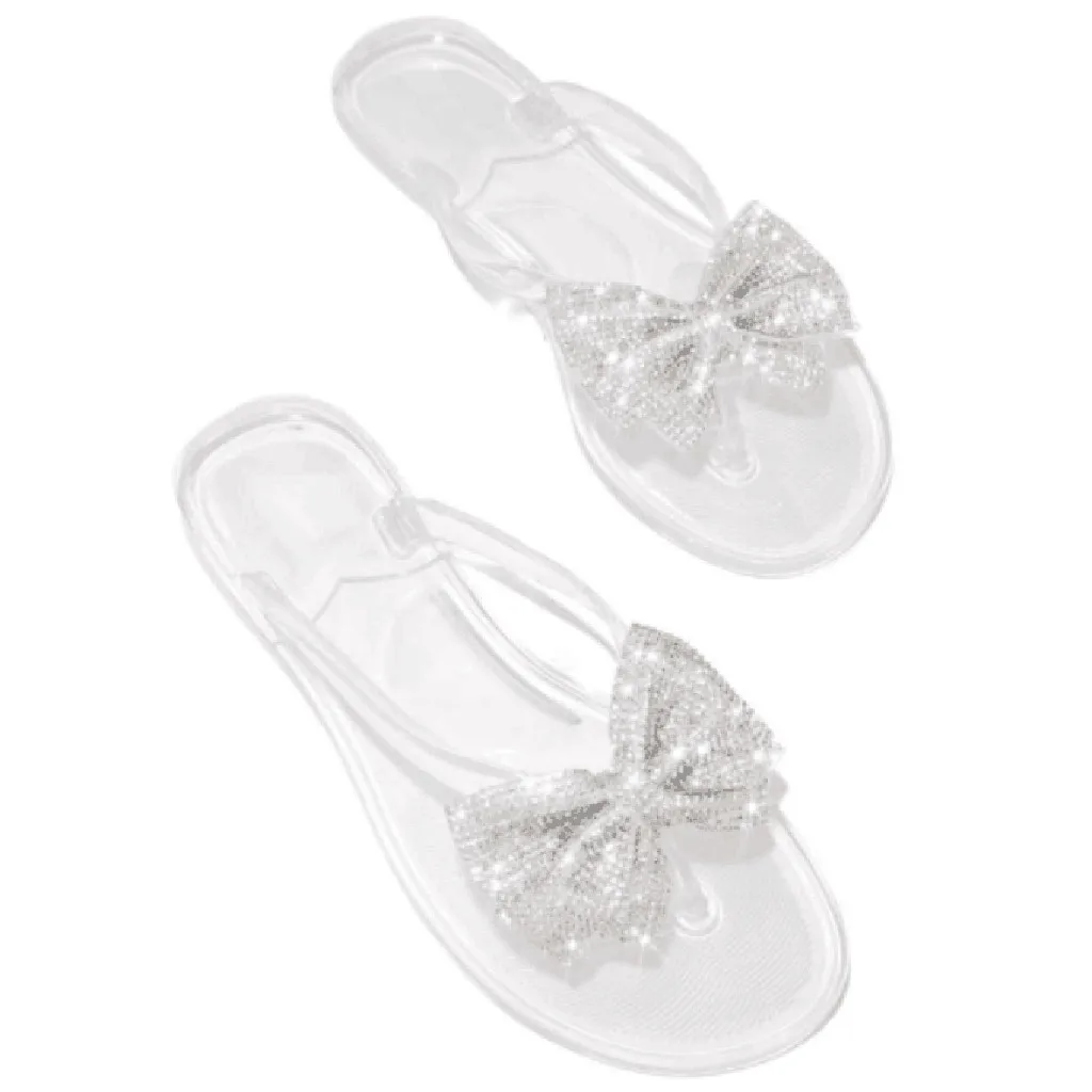 Женские шлепанцы с бантом для отдыха; сандалии с блестками; пляжная обувь на плоской подошве; прозрачная домашняя обувь; женские Вьетнамки; zapatos de mujer - Цвет: Белый