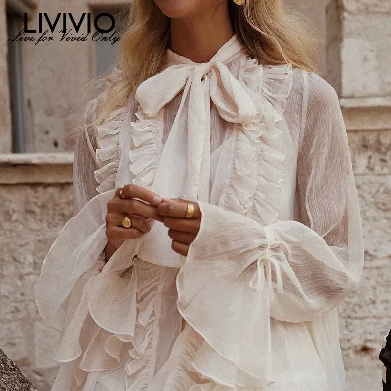 

[LIVIVIO] Ruffles Dress Women Bowknot Lace Up Flare Long Sleeve Loose Dresses Female 2019 Korean Style Spring Fashion New