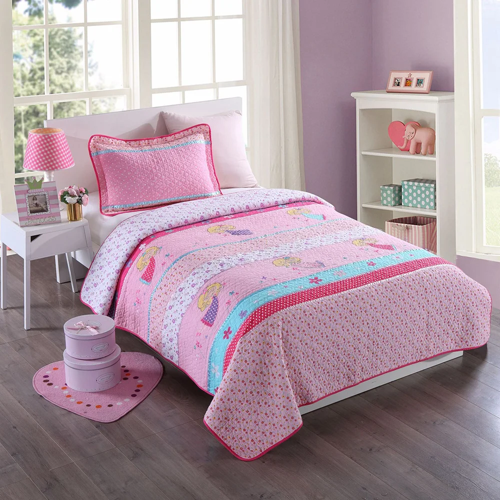 CHAUSUB Kids Bedspread Quilt Set 2pcs Cotton Coverlets Pink Girls