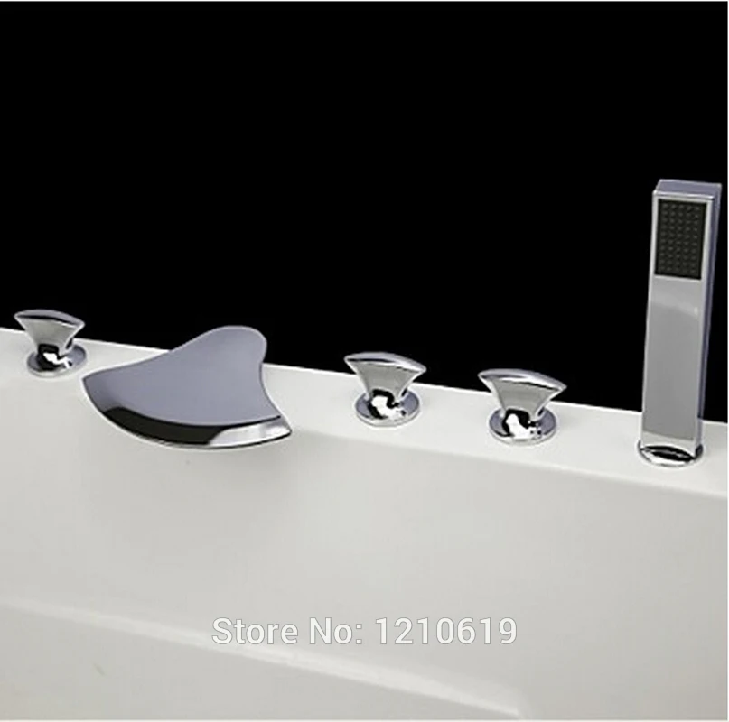 

Newly Chrome Finish Bathtub Faucet Waterfall Spout Five Holes Three Handles Tub Faucet Mixer Tap w/ Handheld Shower Deck Mounted