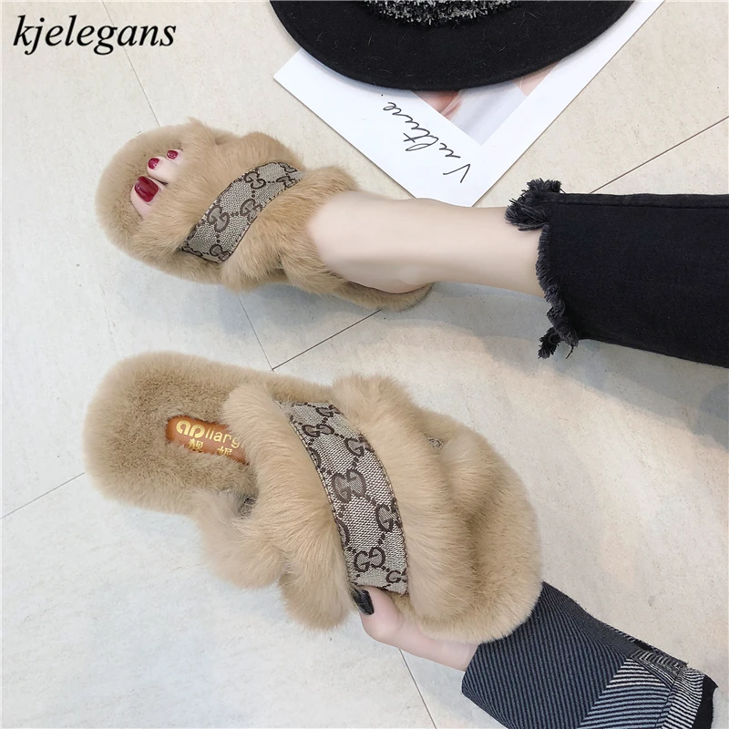 

Kjelegans 2018 Women Cross tied Furry Flat Slippers Winter Fashion Soft Outdoors Fur Slides For Ladies Flat Shoes