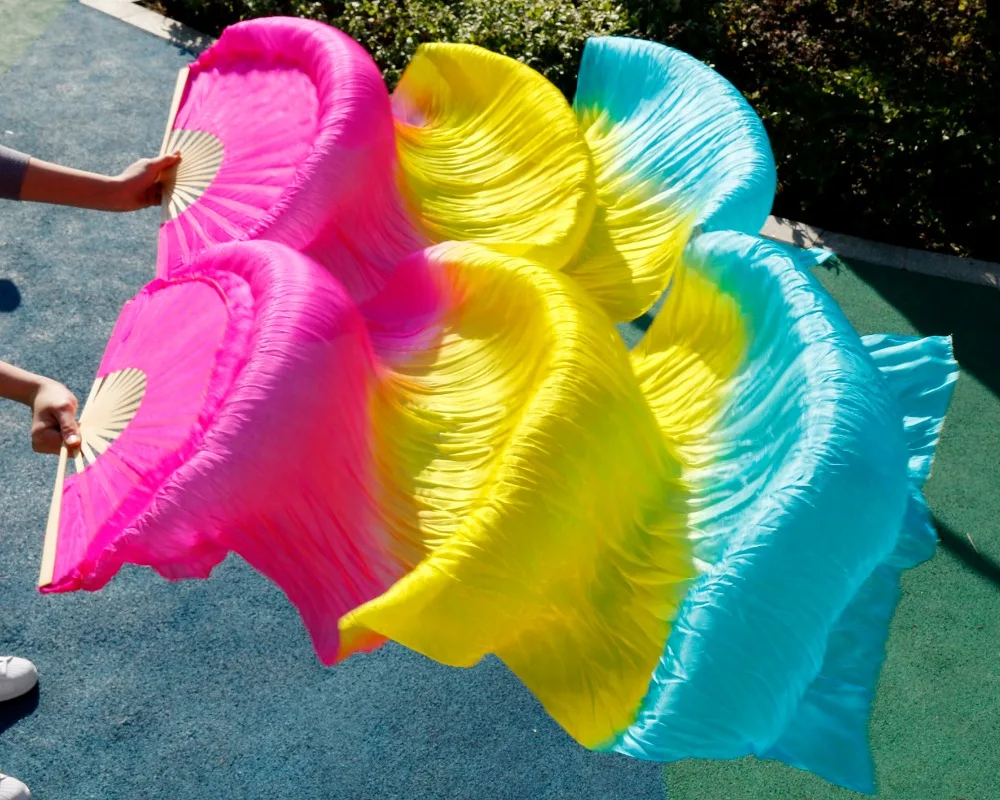 2018 female high quality Chinese silk veils dance fans Pair of belly dancing fans cheap hot sale rose+yellow+turquoise