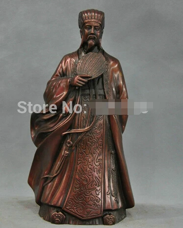 

0 12'' China Ancient Great Strategist Zhuge Liang Hold Fan Bronze Statue
