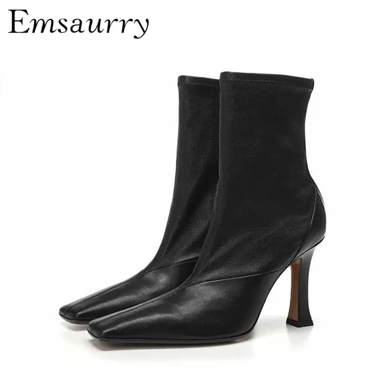 

Individual Square Toe Short Booties For Women Geniune Leather Thin High Heels New Autumn Botas Mujer