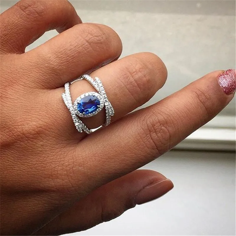 

Modyle 2019 New White Gold Color Big Blue Crystal Ring for Woman Round CZ Stone Wedding Jewelry Dropshipping