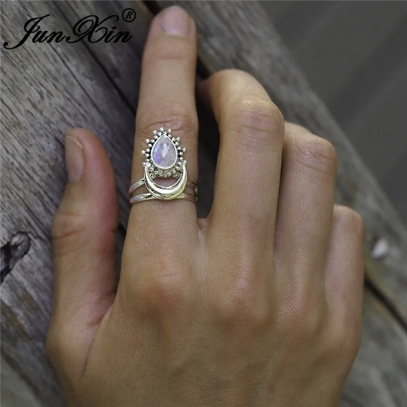 JUNXIN European Style Pear Moonstone Rings For Women Men Antique 925 Silver Filled Boho Teardrop White Opal Ring Female Wedding