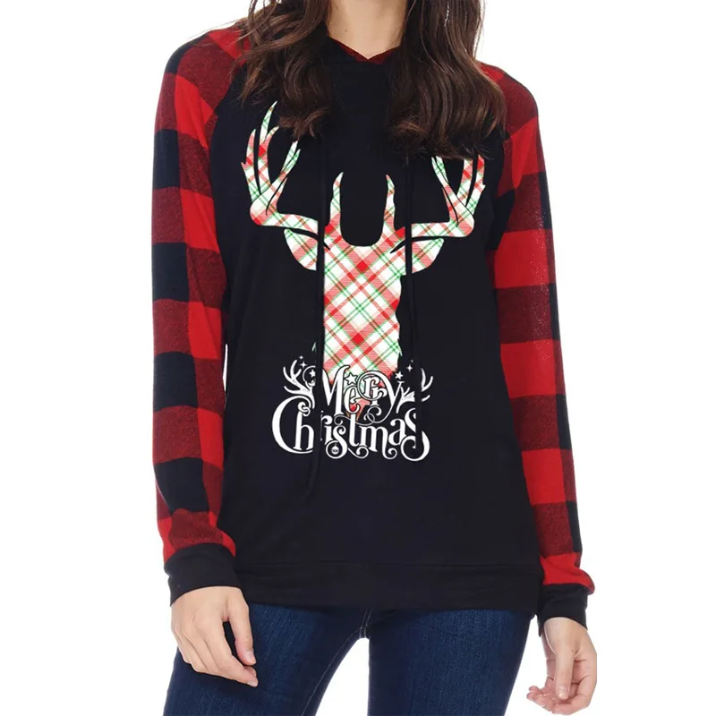 Christmas Elk Deer Print Plaid Patchwork Sweatshirt Women Casual Long