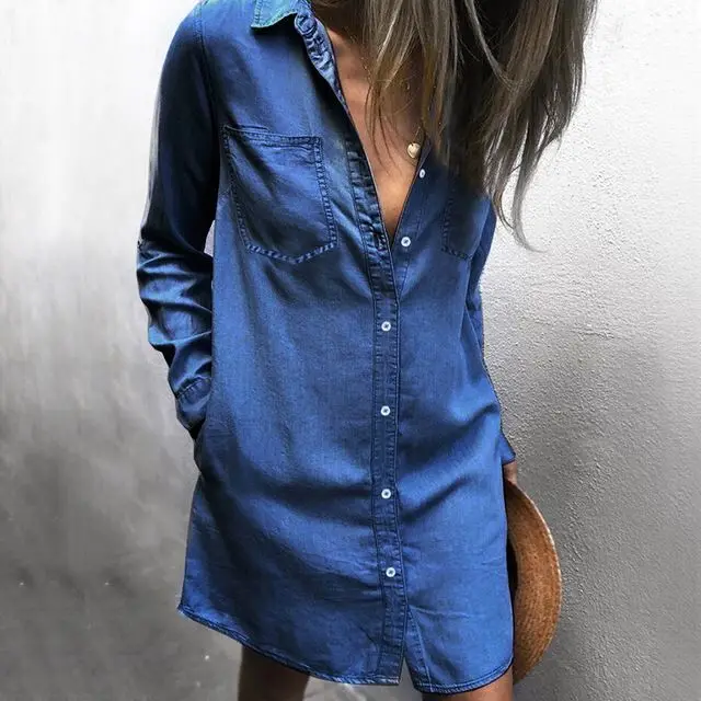 Модные женские туфли голубой джинс деним длинная Повседневная рубашка с длинным рукавом Повседневный уличная одежда свободного кроя Верхняя часть одежды