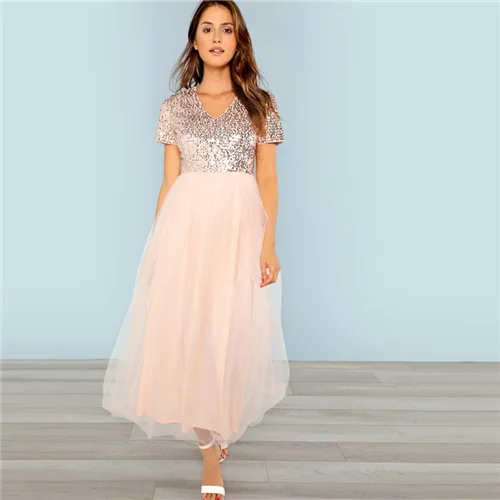 SHEIN Pink Party Contrast Mesh Sequin Bodice V Neck Short Sleeve Maxi