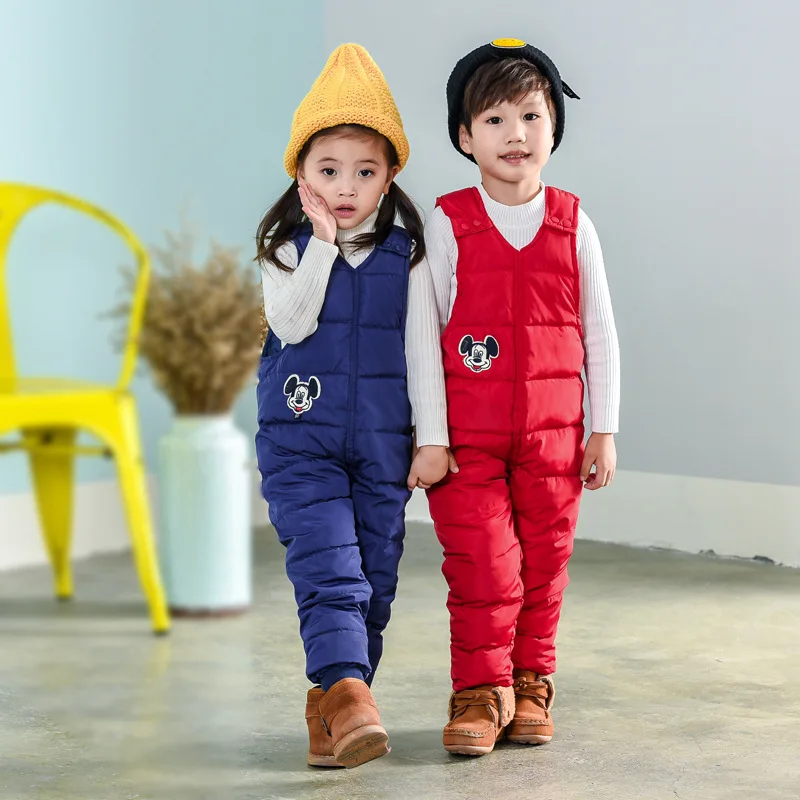 Boys Down Overalls Children Clothing Baby Outside Jumpsuit Winter Girls Mickey Romper Overalls Kids Thick Warm Windproof Clothes